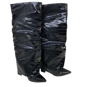 Womens Size 6 Black 4" Heel Knee High Boot Faux Leather Pointed Toe Slouch Shoes